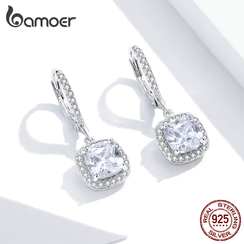 BAMOER Authentic 925 Sterling Silver Dazzling Cubic Zircon Square Geometric Drop Earrings for Women Wedding Jewelry SCE520