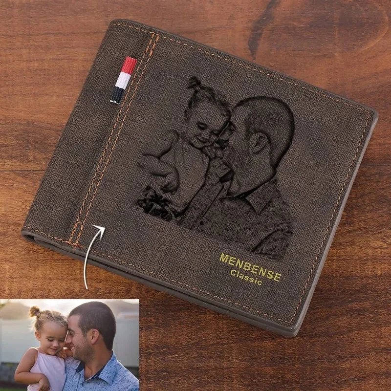 Portafogli con foto da uomo personalizzati Portafoglio in pelle con incisione fotografica Portafogli da lavoro multifunzionali bifold corti di grande capacità