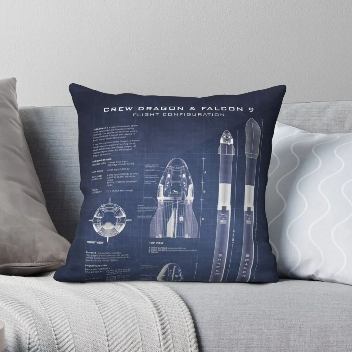 SpaceX Crew Dragon Spacecraft Falcon 9 Pillowcase Polyester Linen Velvet Creative Zip Decor Throw Pillow Case Bed Cushion Cover