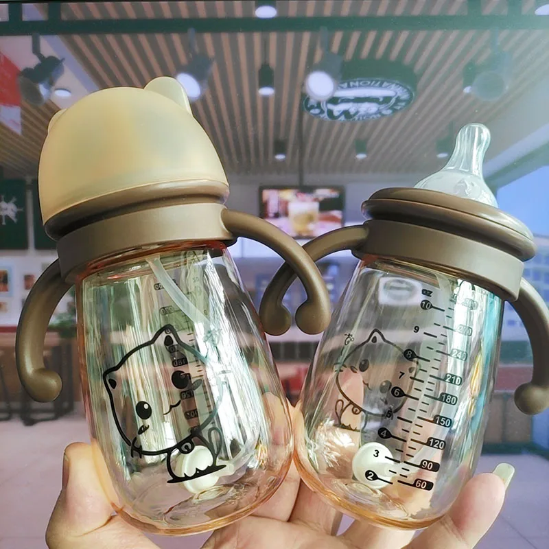 300ml PPSU Portable Double Handle Infant Drop-proof Baby Wide-caliber Milk Bottle with Straw Handle Newborn Baby Feeding Bottle