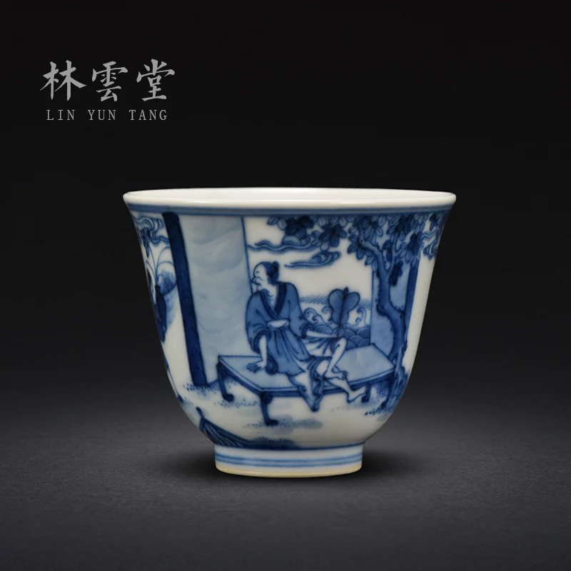 hand painted figure Lotus Blue and white porcelain Master Cup single cup Jingdezhen handmade ceramic kungfu tea cup