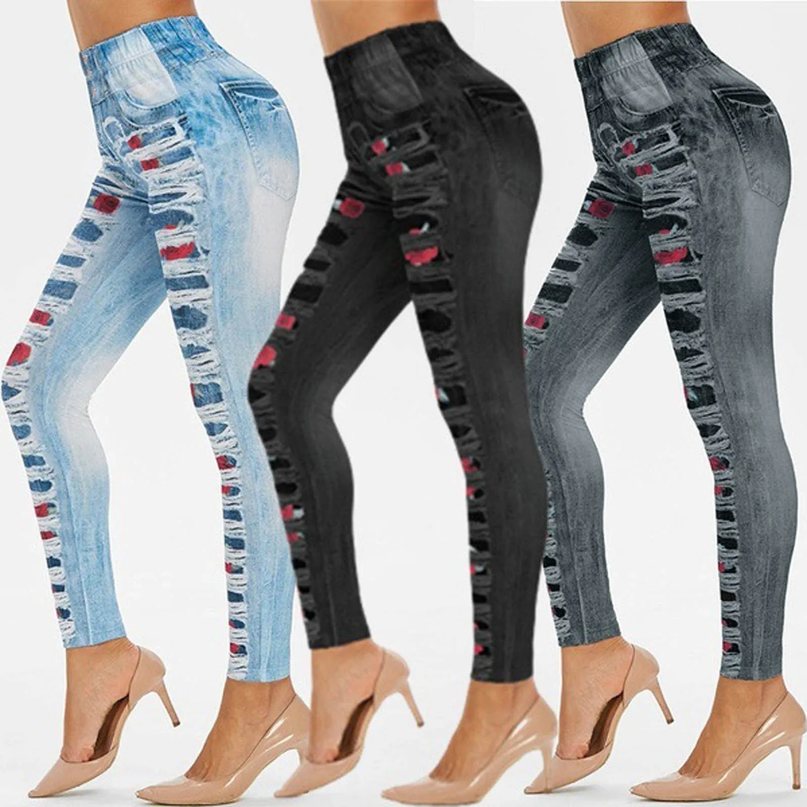 Ladies Leggings Rose Print Denim Sports Imitate Jean Legging Push Up Slim Pants Stretch High Waist Workout Jogging Leggins Mujer