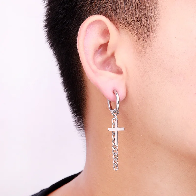 Newest 1 Pair Stainless Steel  Cross Pendant Dangle Long Tassel Unisex Hoop Earrings Men/Women Punk Gothic Jewelry Best Gifts