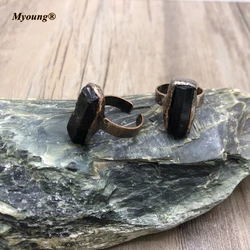 10PCS Raw Black Tourmaline Jet Stone Rings Natural Crystal Quartz Adjustable Band Bohemian Stone Rings For Women MY210405