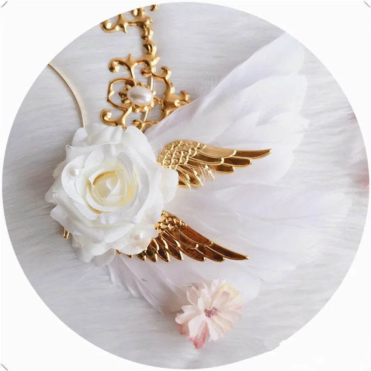 Lolita Sun Godmother's Crown copricapo KC Gothic White Rose Angel Wings Virgin Mary Bead Chain barocco Tiara accessori per capelli