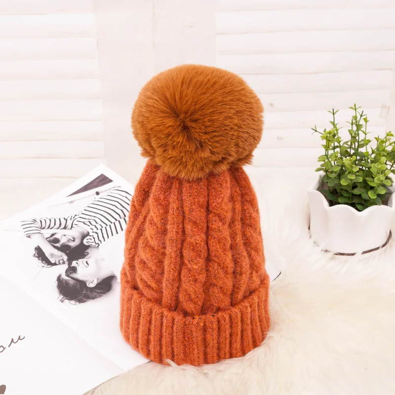 Fashion Knitted Winter Hat Striped Women\'s Winter Hats 2022 Pink Fur Pompom Wool Beanies Thick Skullies Cap Faux Pom pom Hat