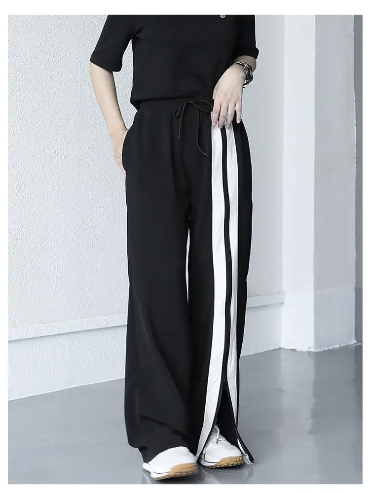 Ladies Straight Sports Pants Spring And Autumn New White Stripe Split Design Couples With a Casual Large Size Pants