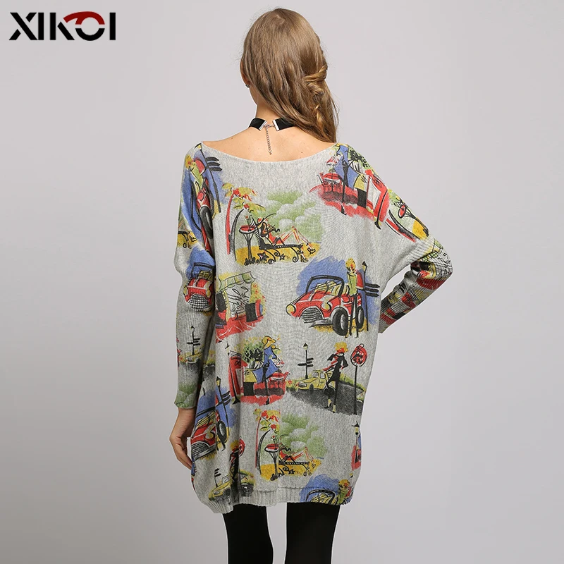 XIKOI Oversized Sweater Women Pullover Long Dress Soft Warm Batwing Sleeves O-Neck Pull Knitted Sexy Holiday Style Print Clothes