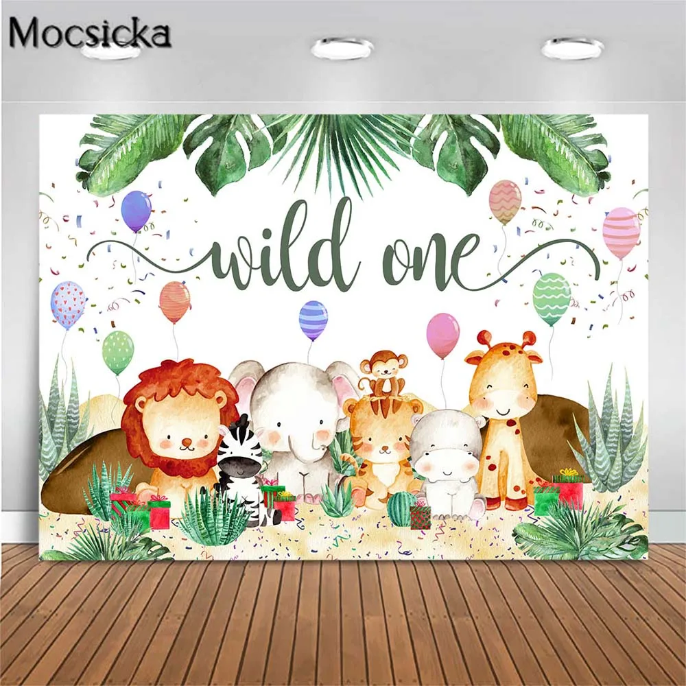 

Cartoon Wild One Baby 1st Birthday Backdrop Child One Birthday Party Decor Animal Balloon Photography Background Photocall Props