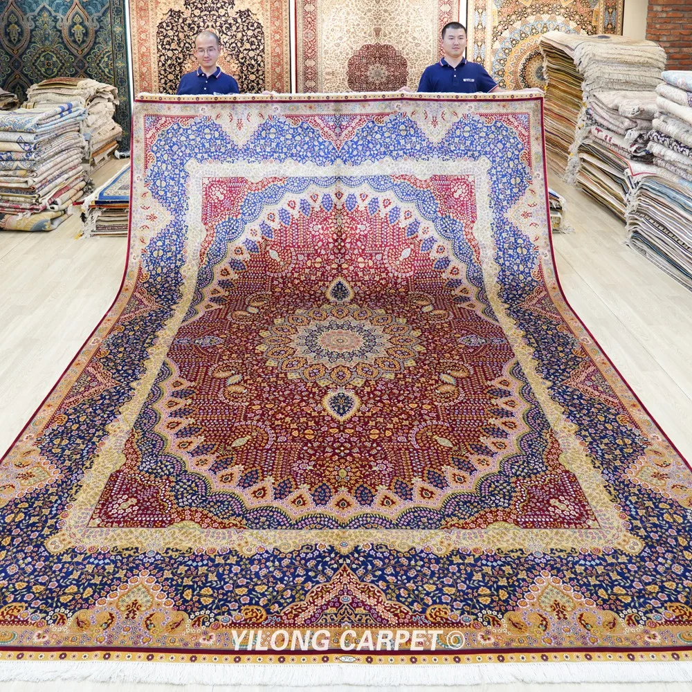 Yilong 9.2'x12.8' Persian Oversize Silk Rug Hand Knotted Red Medallion Qum Carpet (ZQG282A)