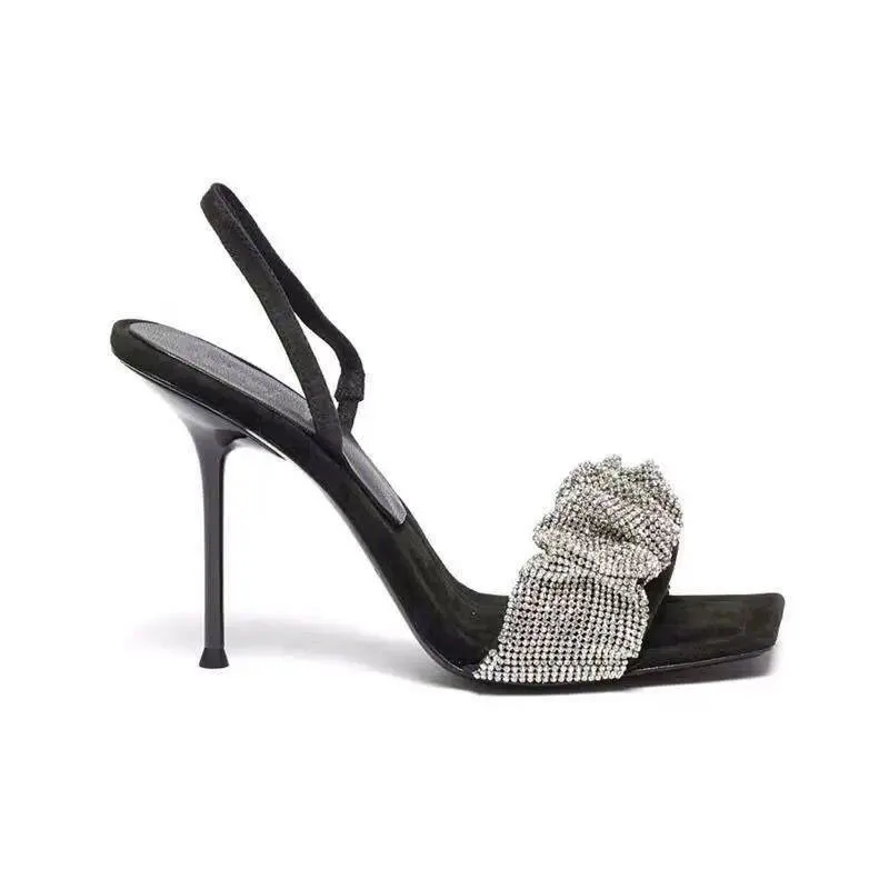 Ladies Open Toe Sandals Elegant High Heels Stiletto Party Shoes Quality 2021 Square Rhinestone Stilettos New
