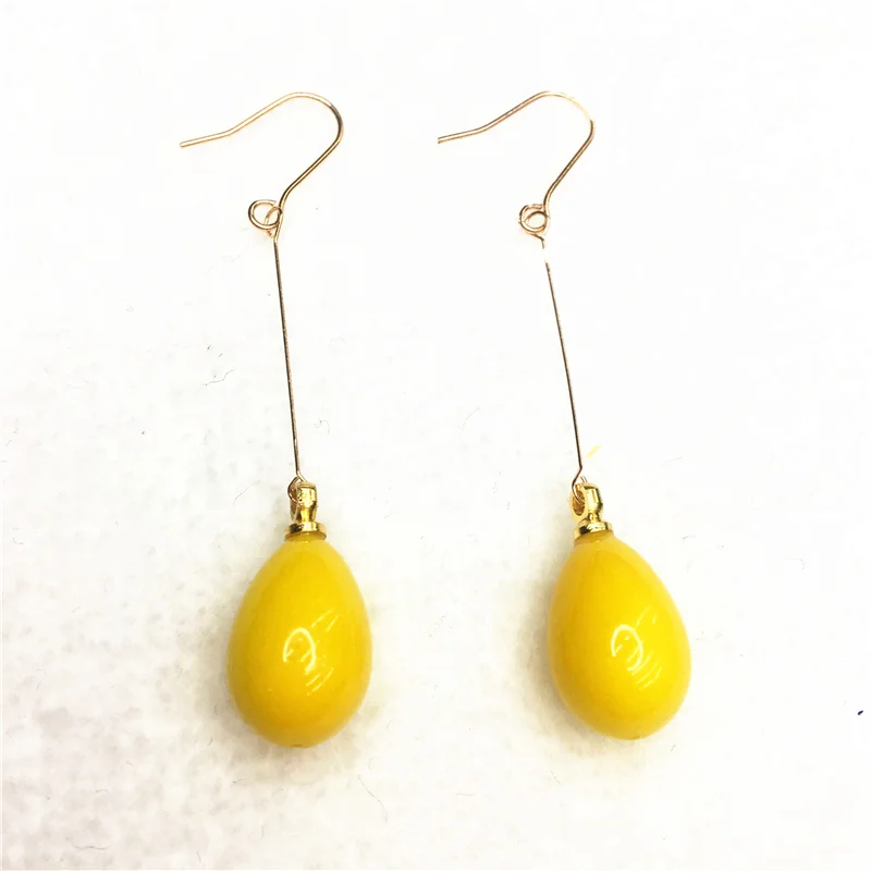 Unique design yellow baking paint glass 9*13mm long earrings fashion women party dangle eardrop jewelry B1800