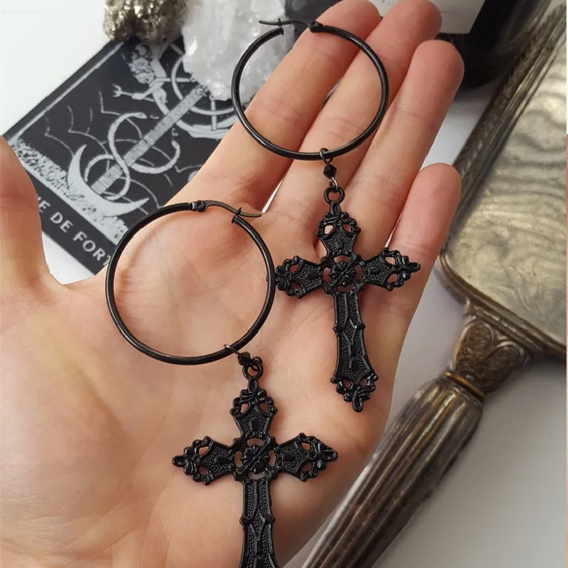 Gothic Black Cross Hoops Earrings Witchy Alternative Goth Victorian Medieval Witchy Punk Statement Gorgeous Jewelry Women Gift