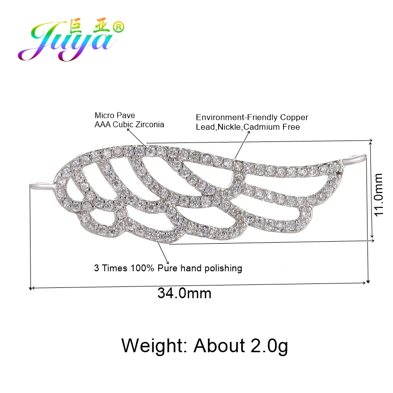 Juya DIY Jewelry Fittings Material Copper Cubic Zirconia Angel Wings Charm Connectors For Handmade Women Bracelet Earring Making