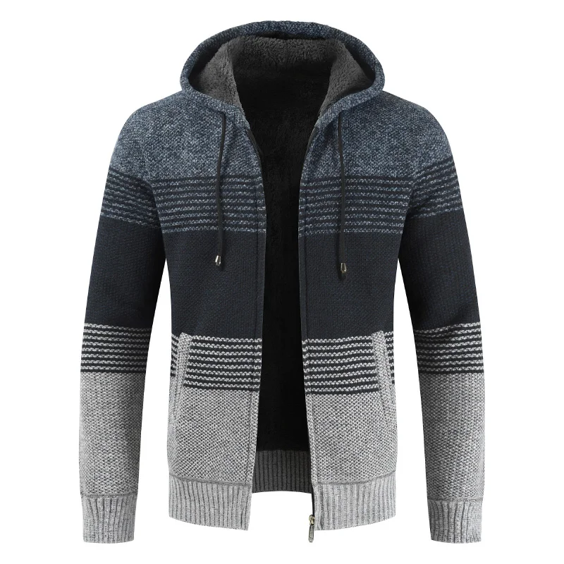 Cardigan à capuche chaud pour homme, manteau pull, doublure en laine rayée, fermeture éclair, combinaison Smile, optique d\'hiver, 2024