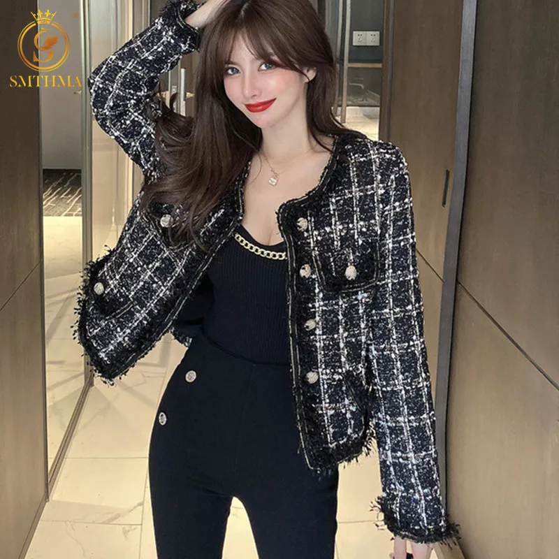 SMTHMA Runway Designer Wool Tassel Coat Women Vintage Plaid Tweed Jackets Golden Buttons Elegant Office Lady Outwear Korean