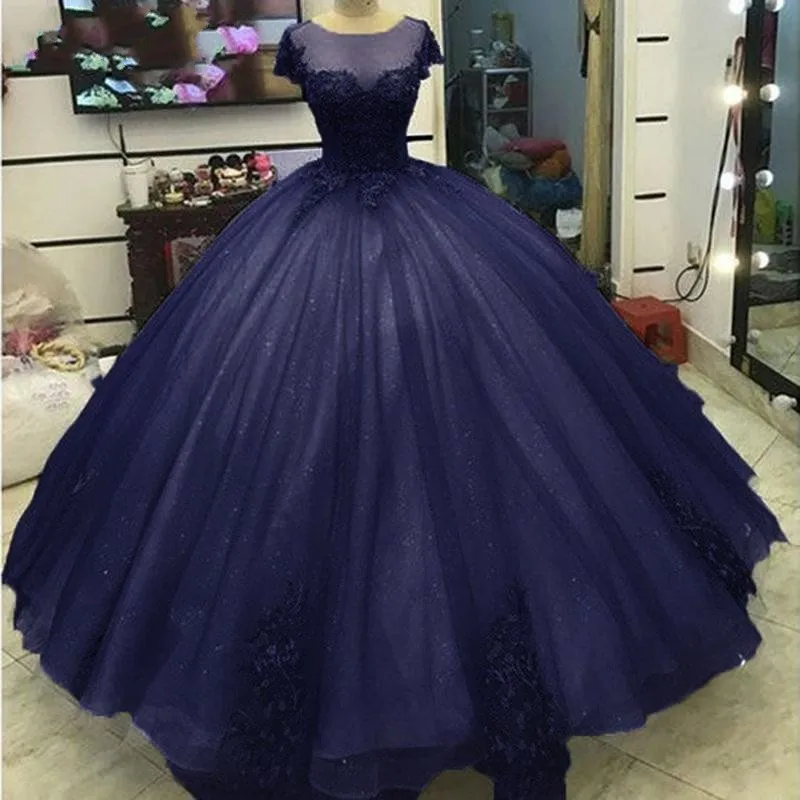 

Angelsbridep темно-синее платье, платья для Quinceanera, прозрачный вырез, короткие рукава, милые платья 16, Тюлевое платье с аппликацией, 15 лет