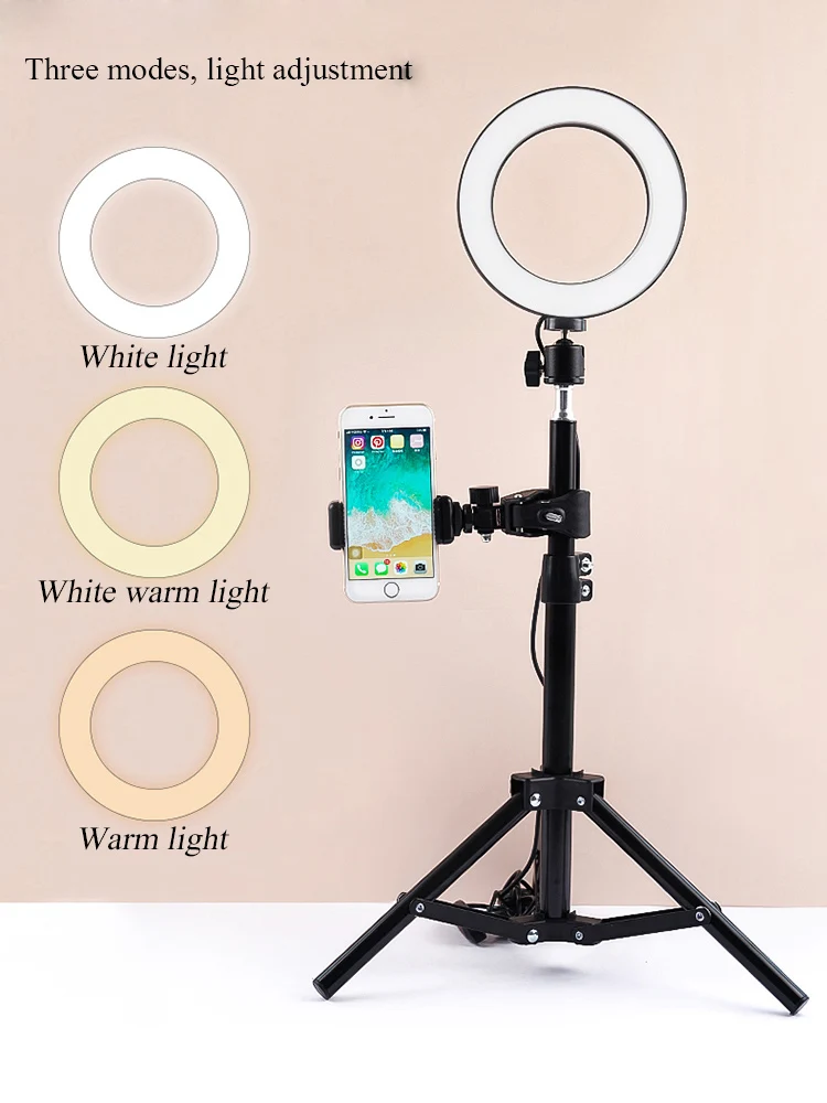 Pode ser escurecido led anel luz fotografia lâmpada selfie com clipe de telefone desktop tripé para sala pó photo studio tiro vídeo ao vivo