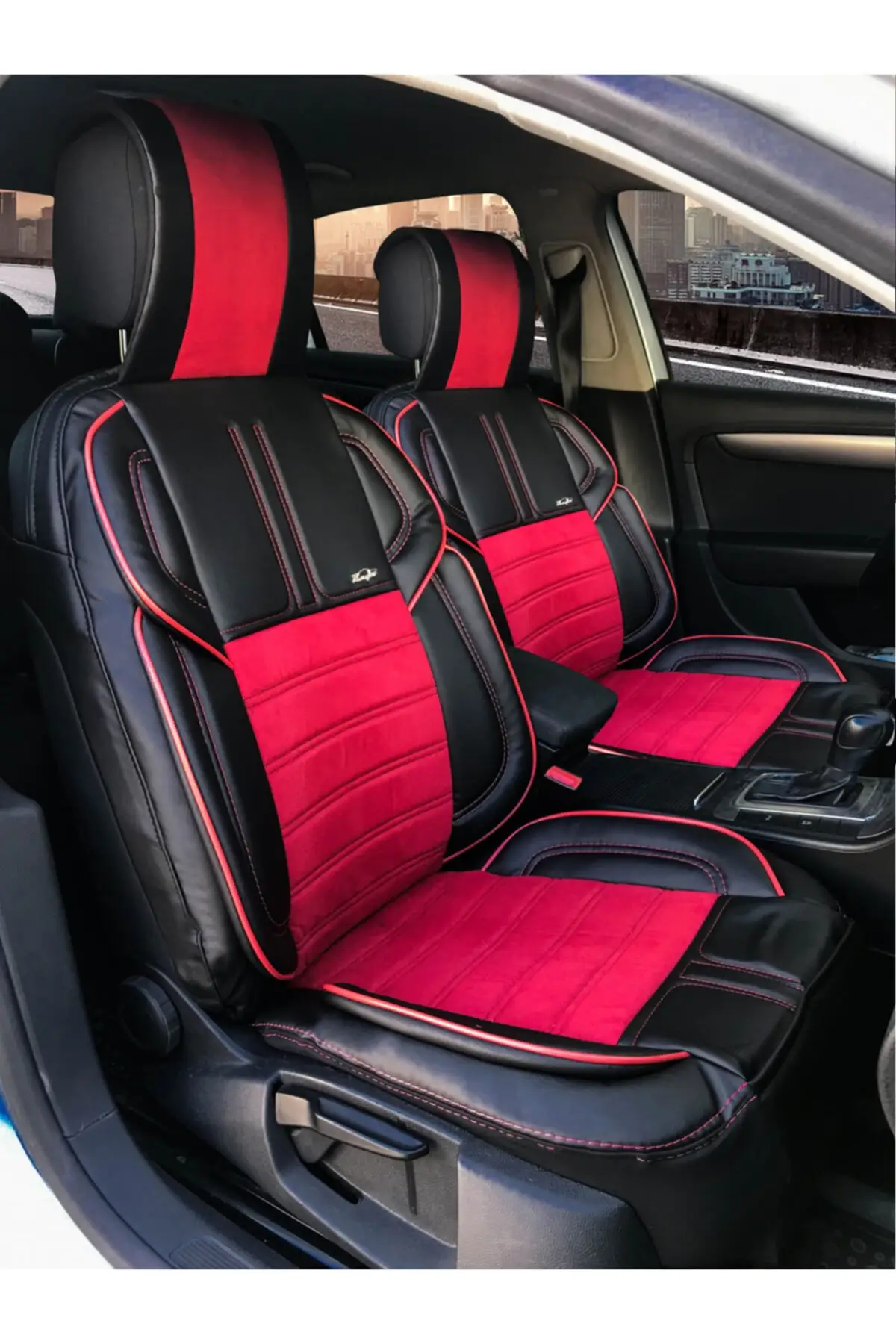 Car Seat Cover Leather And Fabric Set Color Black Red