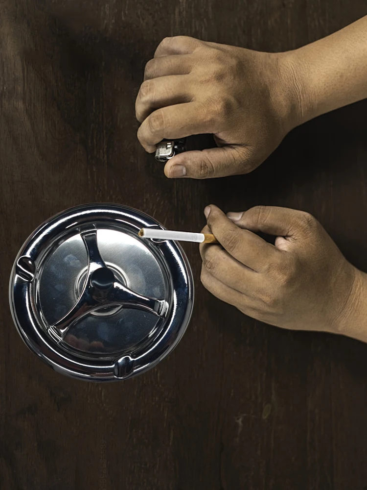 Cigarette Ash Tray For Home Office Hotel Spinning Plain Ashtray Press Rotating Lid Stainless Steel Cigarette Ashtray