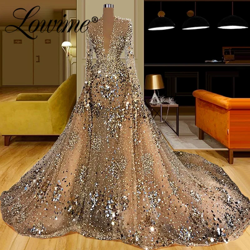 

Couture Illusion Evening Dresses Heavy Pearls Crystal Dubai Puffy Sleeves Celebrity Dresses Wedding Party Gown Robe De Soiree