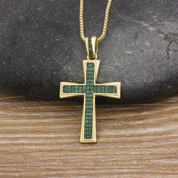 AIBEF New Cross Blue/Purple/Green Crystal Necklace Copper Cubic Zircon Choker  Pendant 4 Colors Religion Jewelry Gift For Party