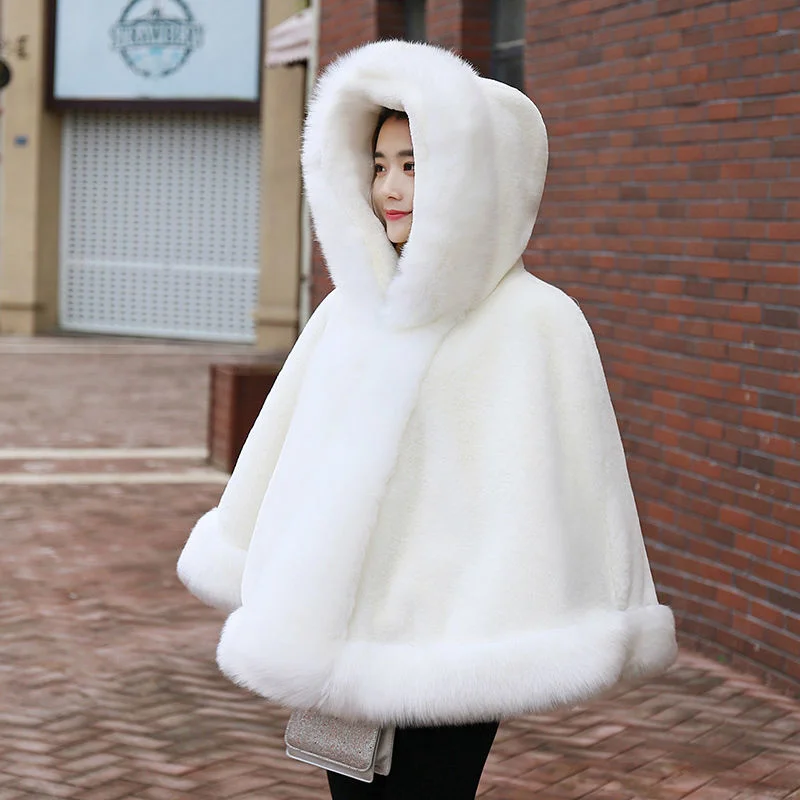 Faux Fur Coat Fur Collar Hooded Jackets For Women Cape 2021 Winter Poncho Harajuku Loose Patchwork Shawl Fausse Fourrure Cloak