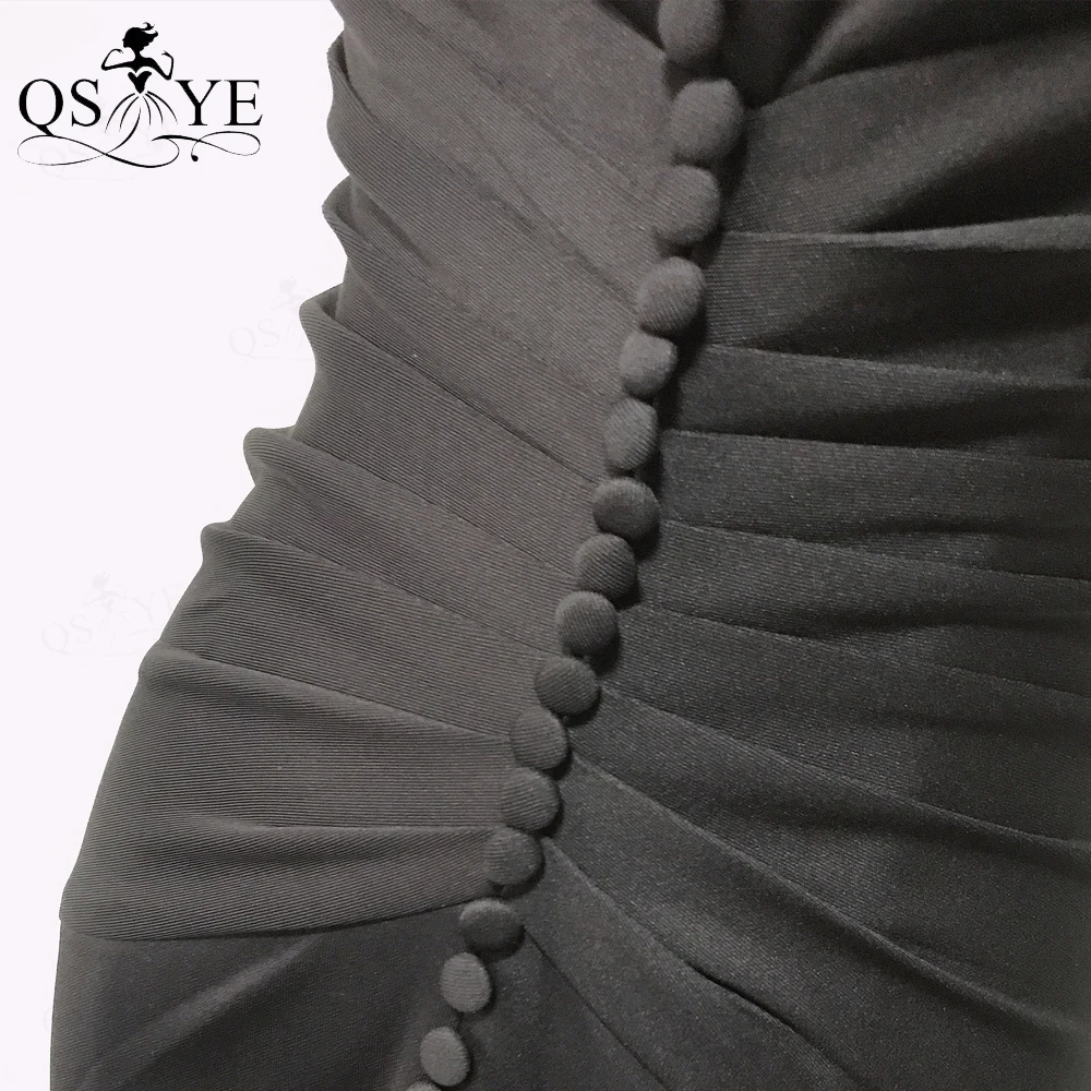 Qsyye frente split preto sereia longo vestido de baile cabido elástico ruched vestido de noite botões festa formal querida meninas vestido