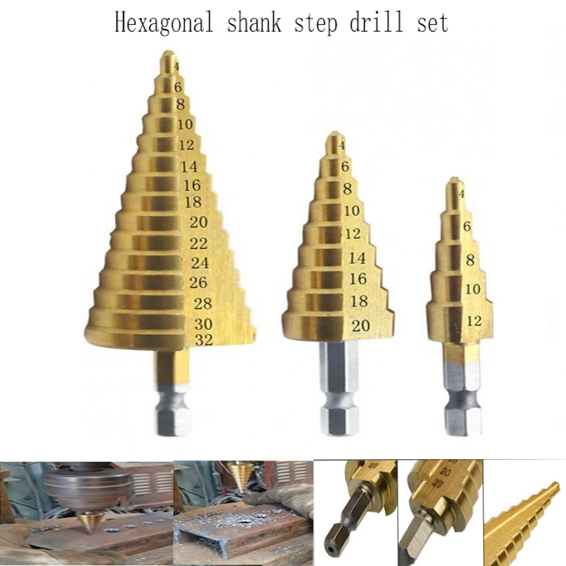 

Metal Hole Cutter Core Drilling Tools Set HSS Straight Groove Step Drill Bit Titanium Coated Wood 3-12mm 4-12mm 4-20mm 4-32m