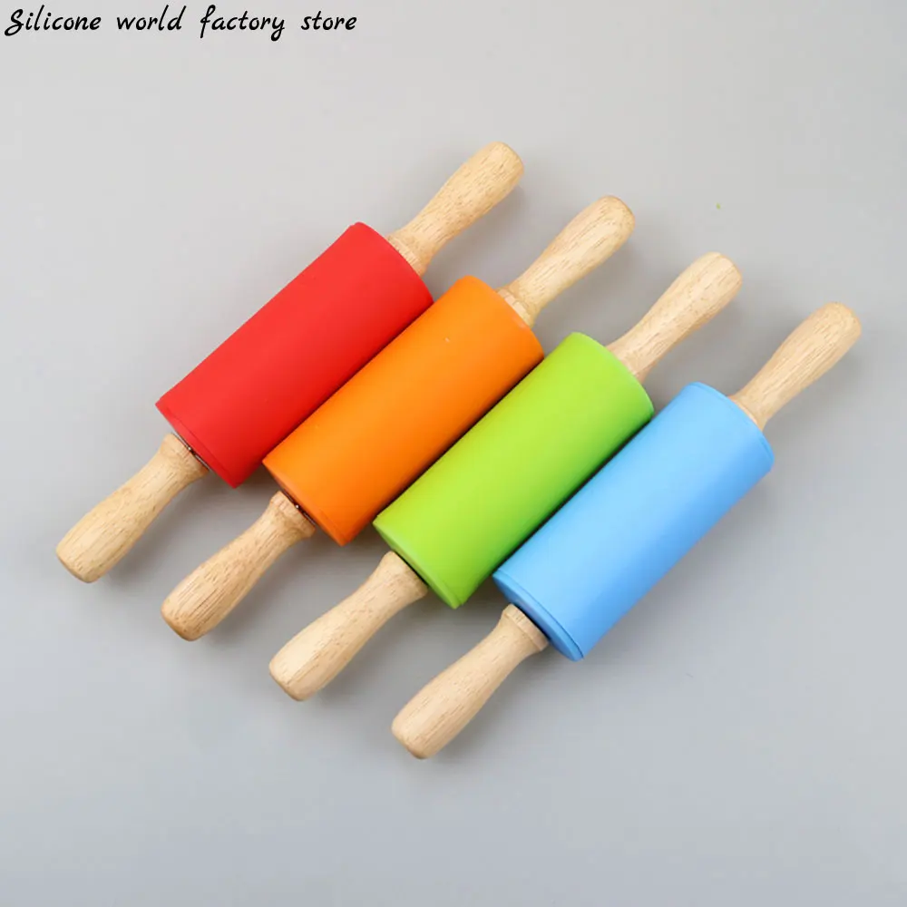 Silicone world Non-Stick Silicone Rolling Pin Wooden Handle Fondant DIY Pastry Dough Flour Roller Kitchen Baking Cooking Tools