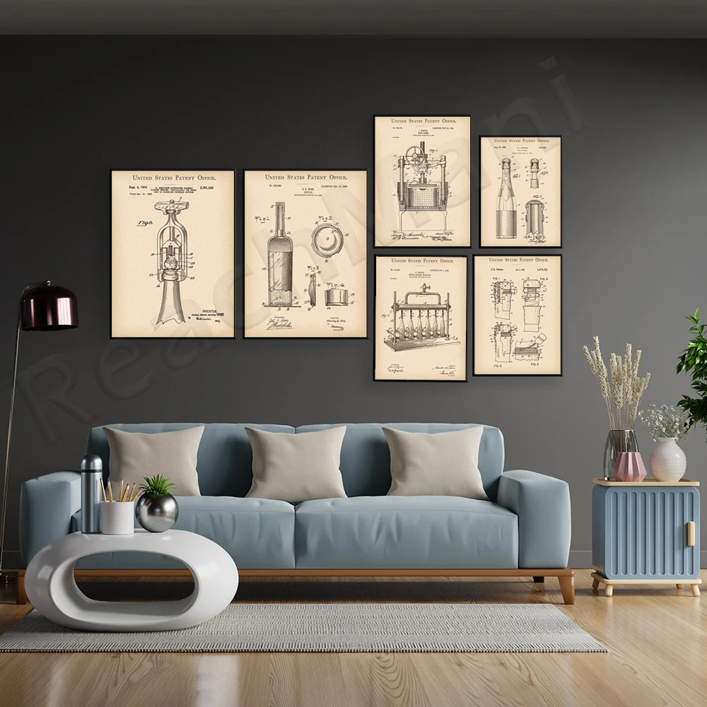 Brevet Imprime Vintage Wine Bottle Blueprint Wine Press Dessin Corkscrew Brevet decoration bar kitchen wall art poster
