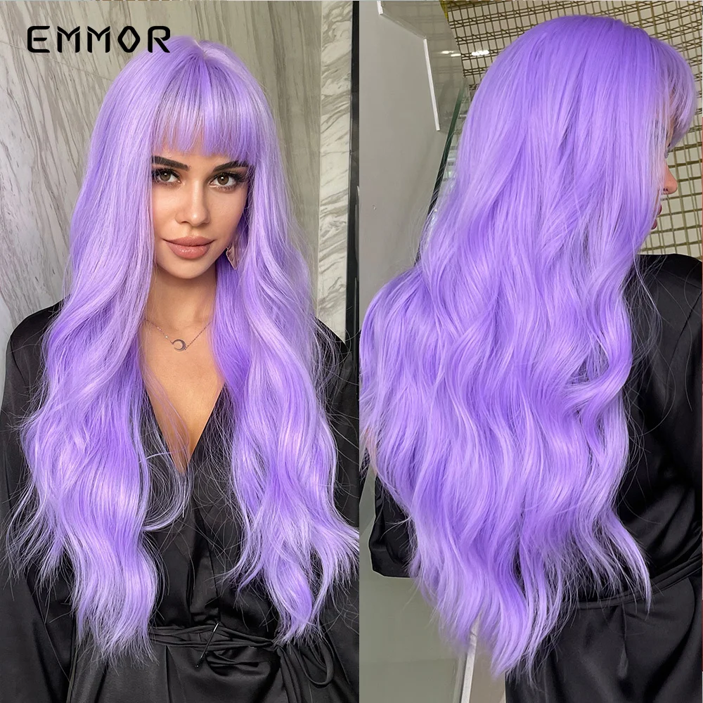 Emmor สีม่วงสังเคราะห์ Wigs สำหรับผู้หญิง Cosplay Party Lolita Wigs Bangs อุณหภูมิสูงธรรมชาติยาวผม Wigs