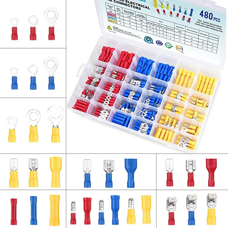 

480PCS Insulated Wire Electrical Connectors - Butt, Ring, Spade, Quick Disconnect - Crimp Terminals Connectors Assortment Kit