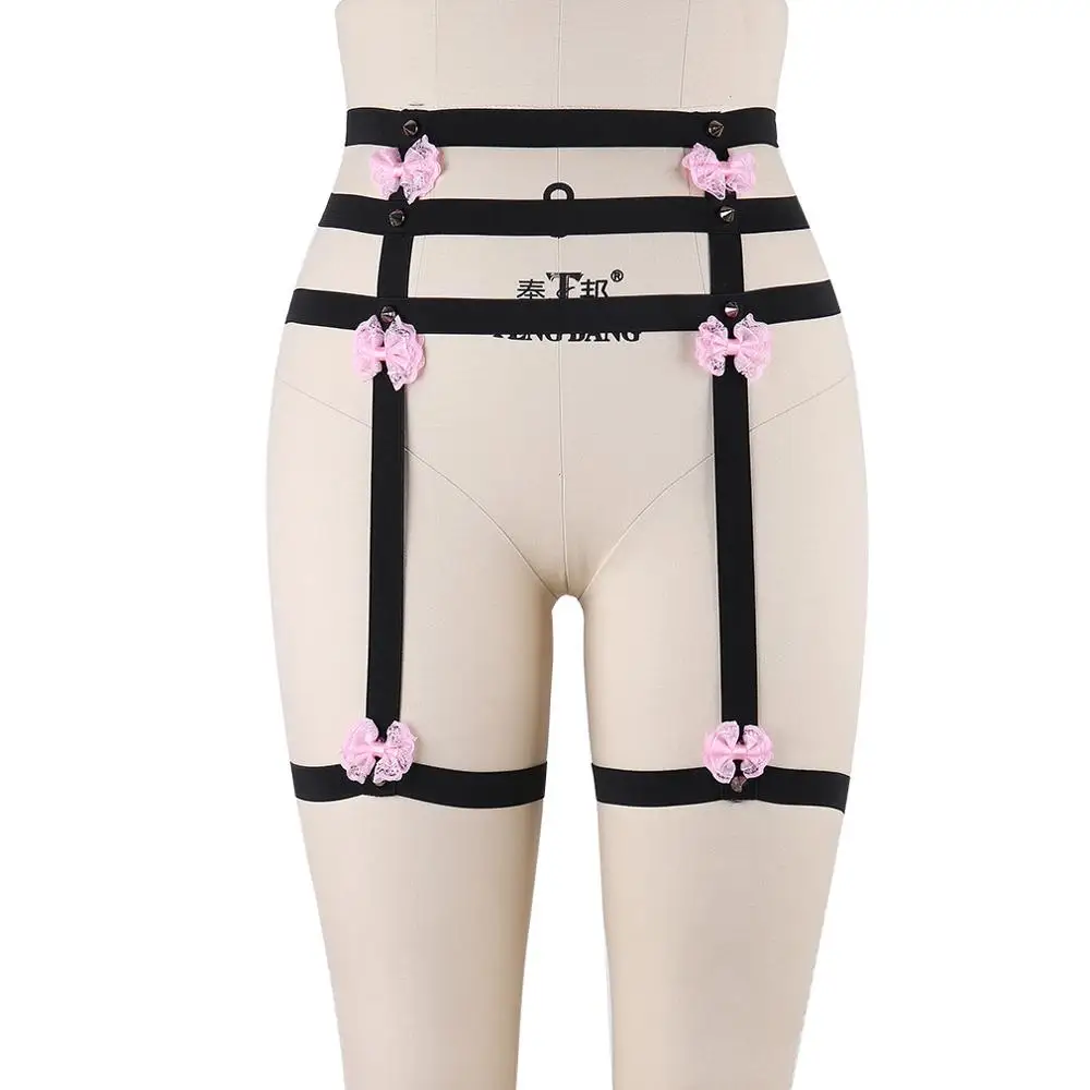 

Women Pink Bow Garter Belt High Waist Punk Stockings Bondage Leg Harness Black Sexy Lingerie Body Harness Thigh Garter Belt