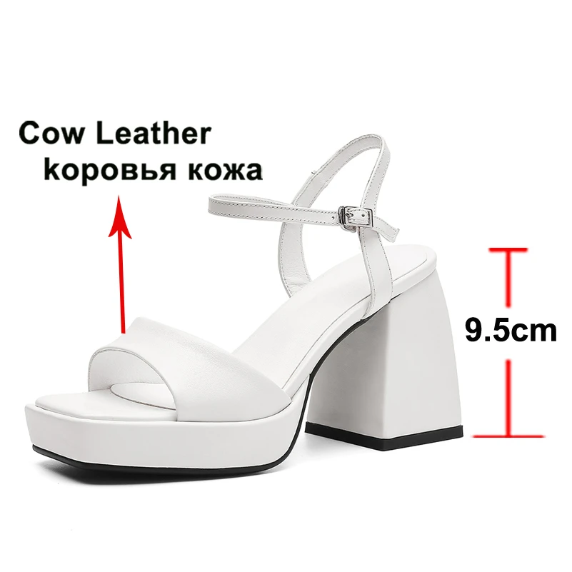 Meotina Women Genuine Leather Shoes Super High Heel Platform Sandals Buckle Thick Heel Square Toe Ladies Sandals Summer Black