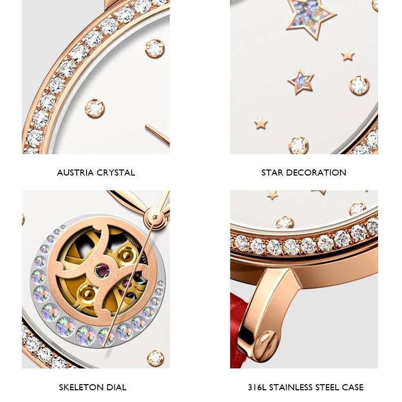 LOBINNI Luxury Women Watches,Lady Automatic Watch Switzerland Self Wind Mechanical Wristwatch Clock Waterproof Sapphire Skeleton