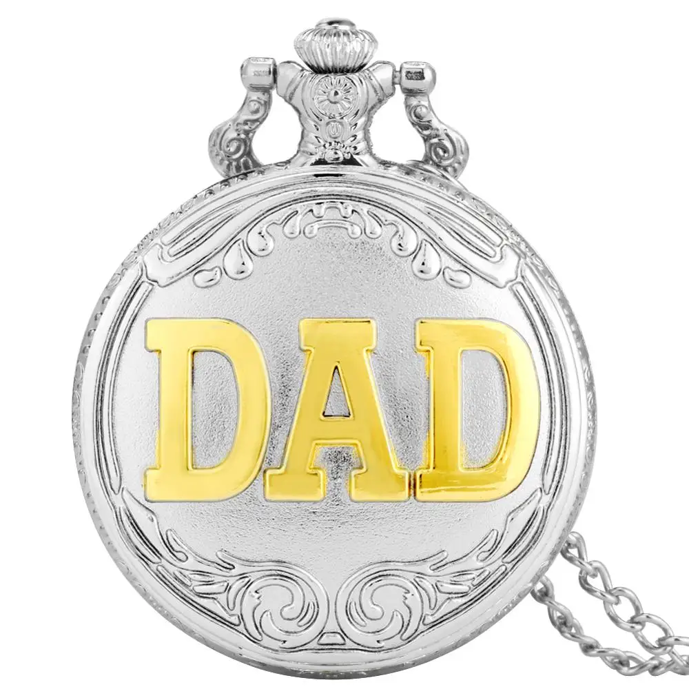 Father's Day Best Gifts Luxury Silver & Golden DAD Theme Quartz Pocket Watch Pendant Necklace Clock Souvenir Gifts to Day Daddy