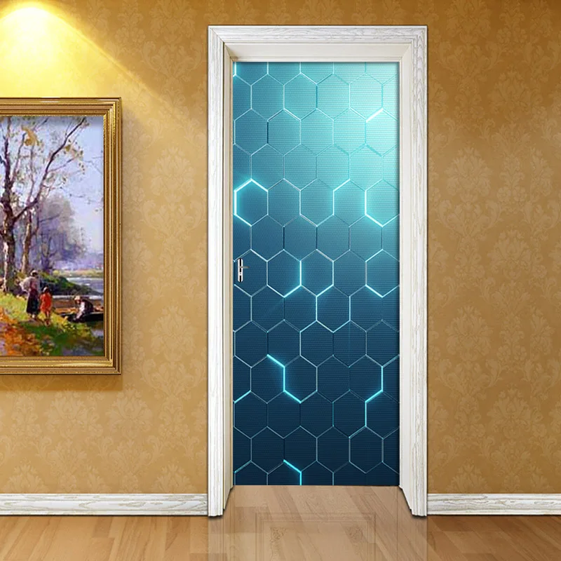 3D Door Sticker Geometric Glowing Graphics Mural Wallpaper Home Door Living Room Door Sticker PVC Self-adhesive Vinyl Door Decor