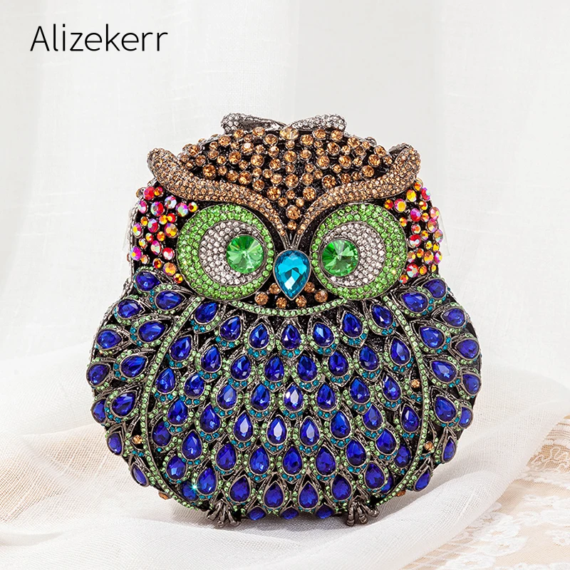 Owl Shaped Crystal Evening Clutch Bag Women New Luxury Designer Chic Novelty Blue Rhinestone Metal Purse And Handbag Personality