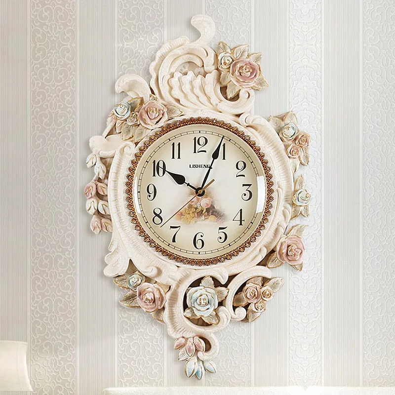 Large European-style Circular Three-dimensional Carving Living room Wall clock Bedroom Flower Creative Decoration Quartz Clock