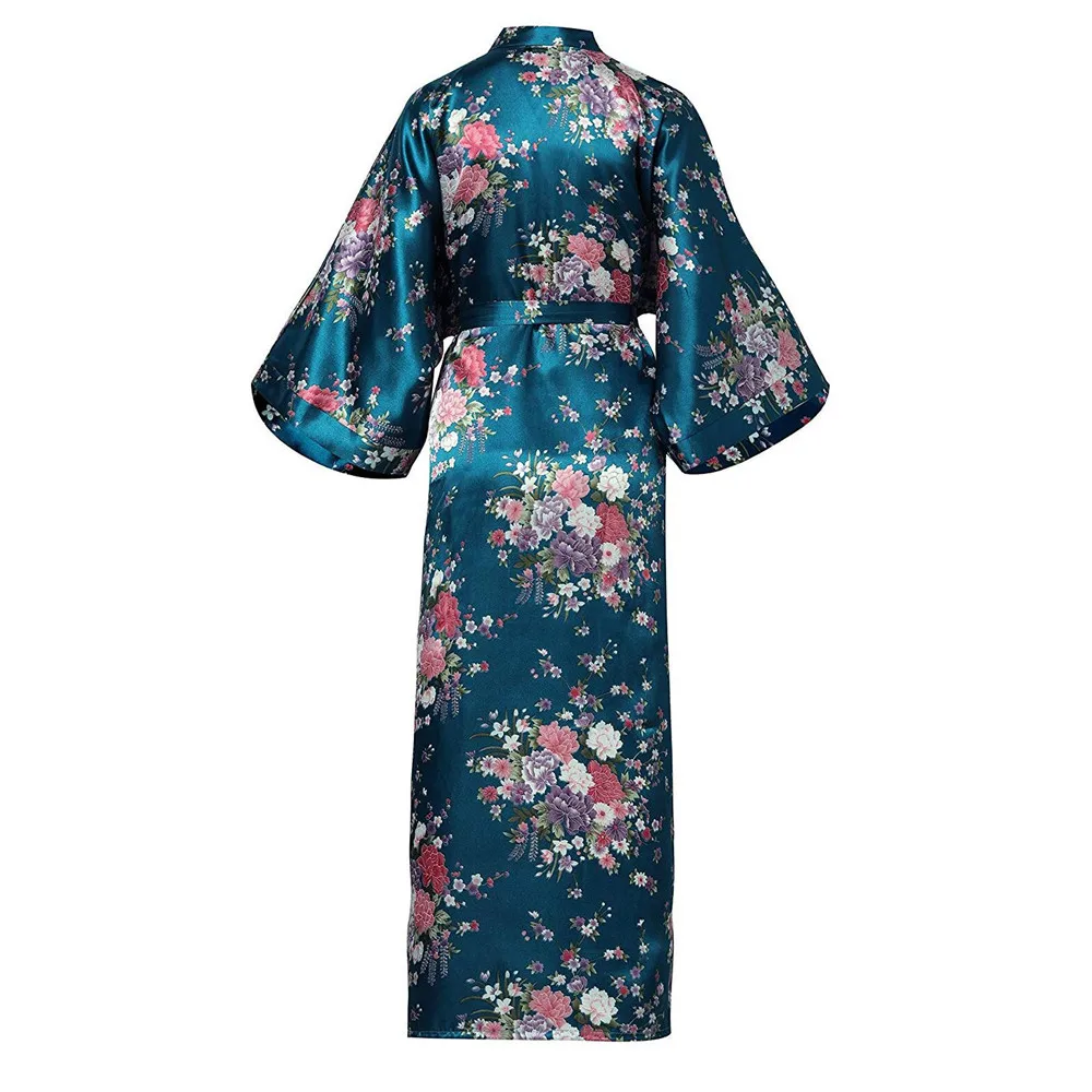 Print Flower Women Kimono Robe Lingerie Long Casual Sleepwear Bathrobe Gown Sexy Satin Home Clothes Nightwear Negligee