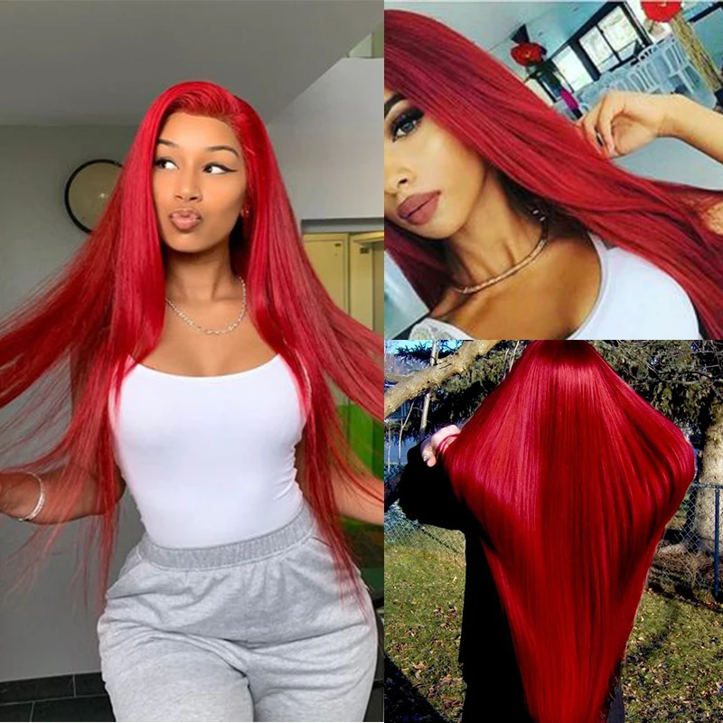 Red Lace Front Human Hair Wigs for women straight black closure Brazilian Remy Hair Pre Plucked 13x6 lace front