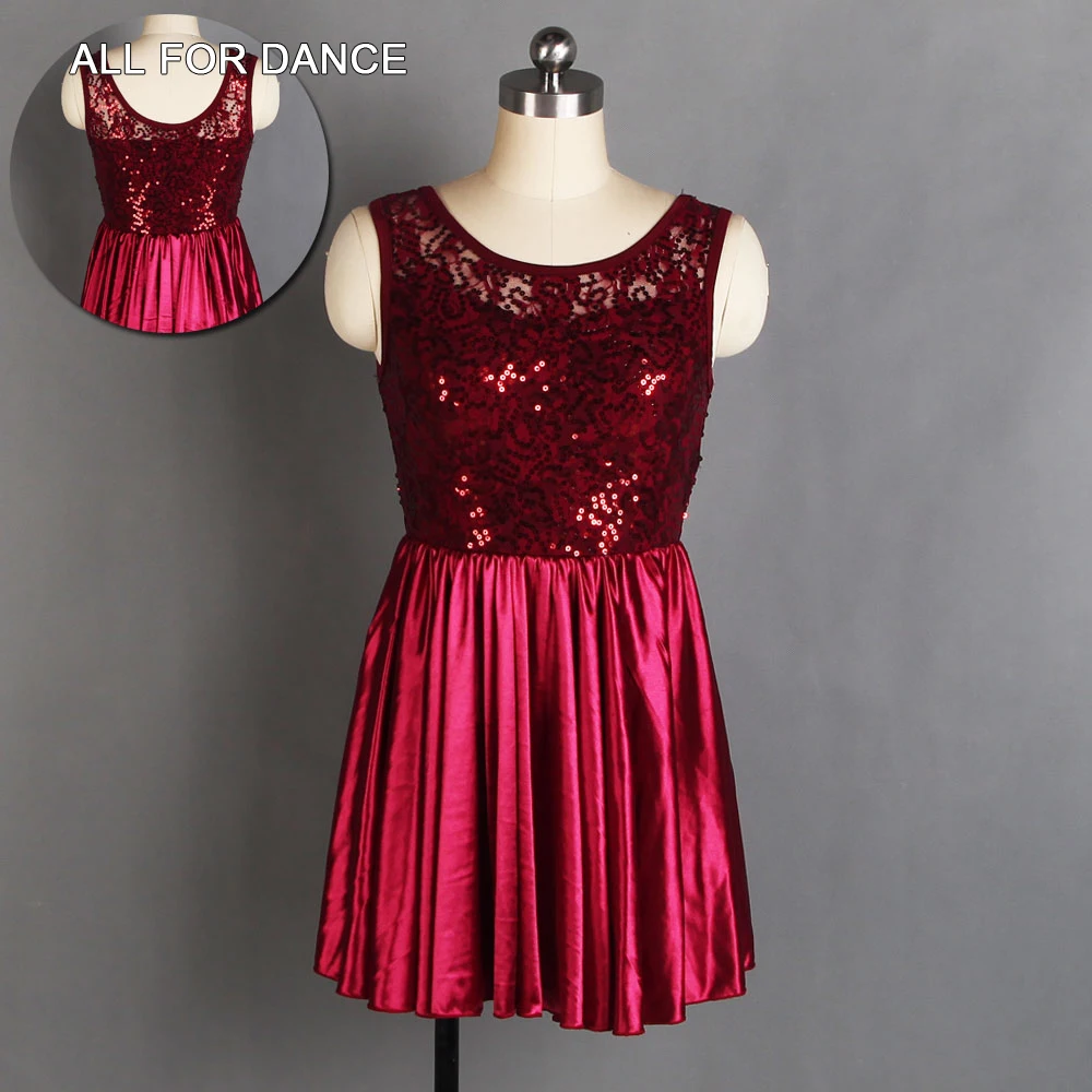 20162 Burgundy Sequin Lace Bodice With Attached Satin Skirt Lyrical&Contemporary Dance Costume for Girls/Ladies Ballet Dress