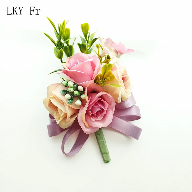 LKY Fr-Broche Boutonnière de Mariage pour Homme, Bracelet de Fleurs Artificielles, Épingles de Corsage, Boutonnière