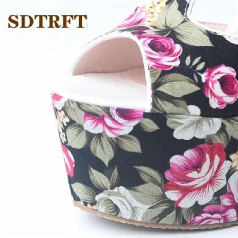 SDTRFT Stiletto Ladies 15cm wedges Sandals Platform shoes woman zapatos mujer Flowers T-strap Pumps Small Yards:30,31,32,33-43