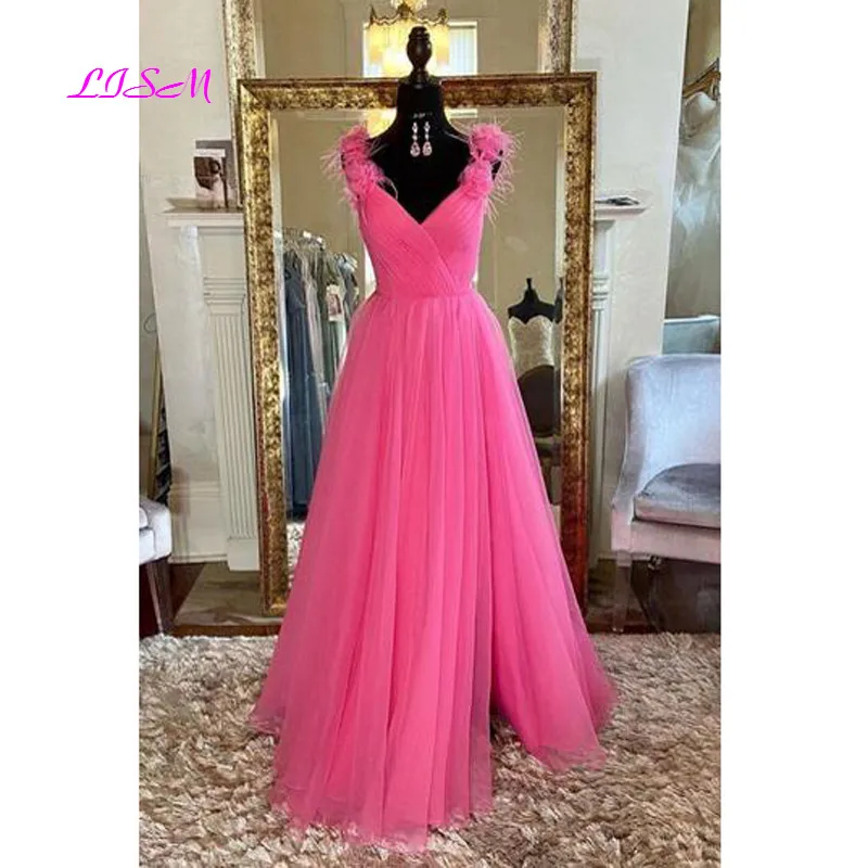 

Cute Hot Pink A-Line V-Neck Tulle Long Prom Dresses 2021 Elegant Sleeveless Floor Length Evening Party Dress With Flowers