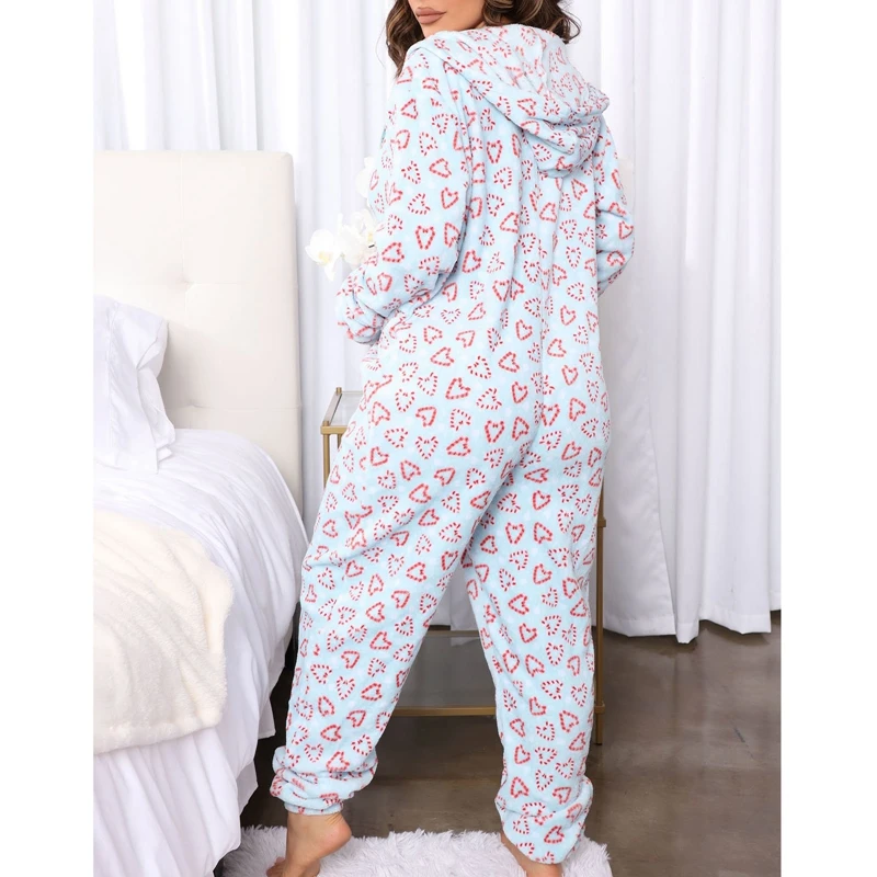 Pijama feminino com capuz de Natal, estampa de floco de neve, macacão de lã, manga comprida, zíper, roupa de dormir para outono e inverno