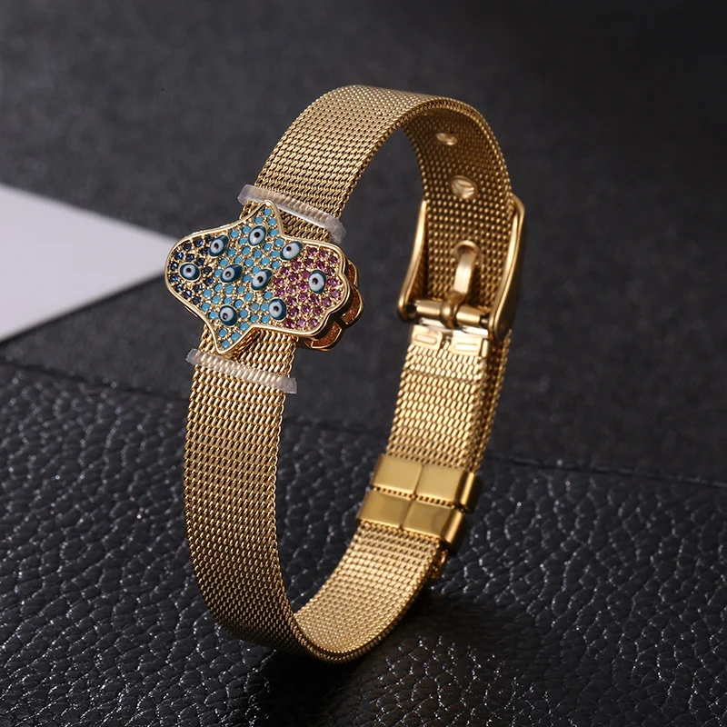 2020 New Fashion Demon Eye Palm Stainless Steel Mesh Watch Strap Bracelet For Women Charm Women Bracelet Bracelet Gift