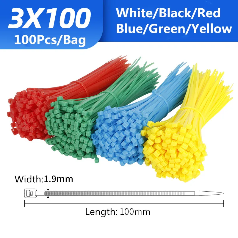 1000pcs/bag 6 Color 1.9mmx100mm 1.9mm*100mm Self-Locking Nylon Wire Cable Zip Ties Cable Ties White Black Organiser Fasten Cable