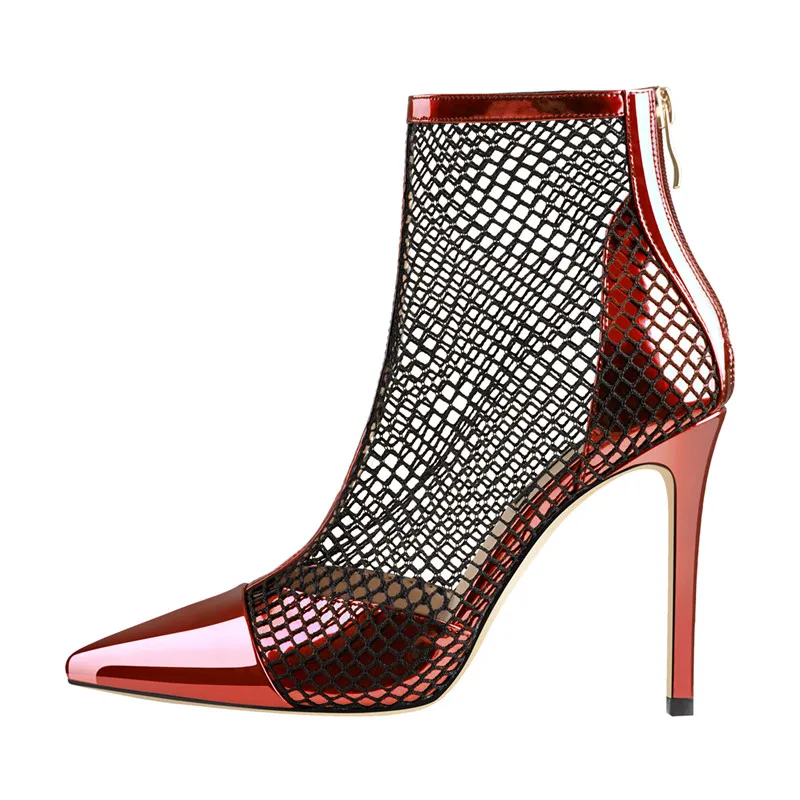 Onlymaker Women Fishnet Zipper Ankle Boots Pumps 10CM High Heels Sandals Sock Fashion Blue and Red ladies Booties Big Size